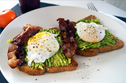 Brødskive med avokado, posjerte egg og sprøstekt bacon